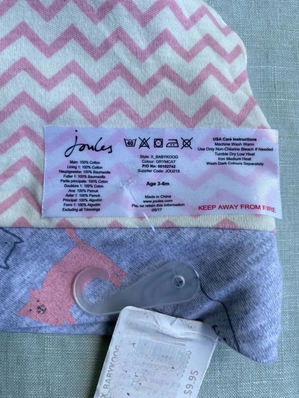 NWT Joules reversible grey pink cats baby hat beanie